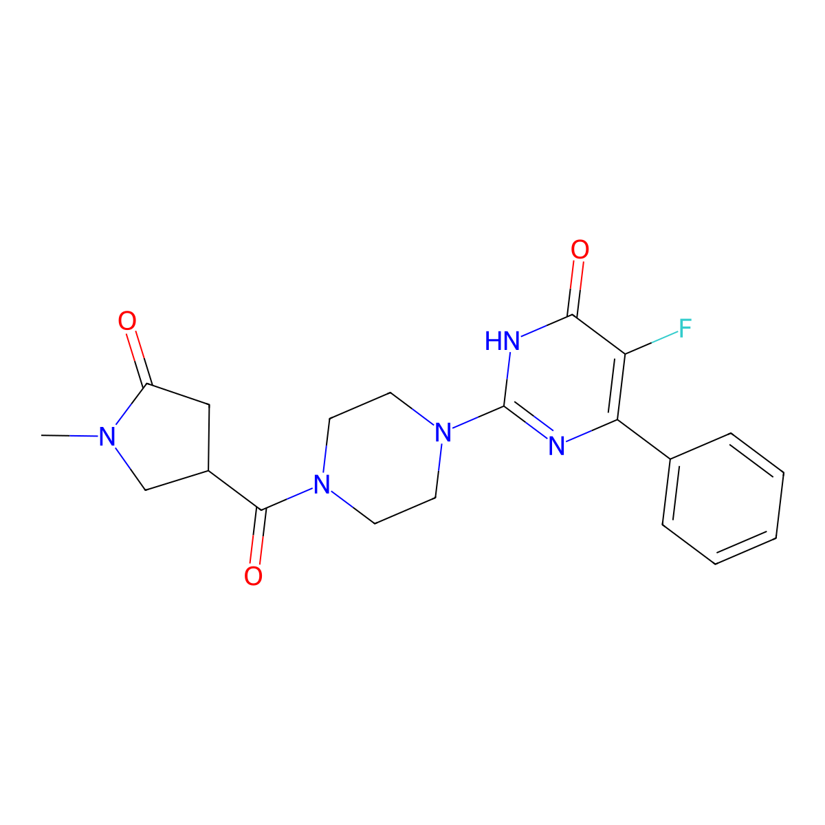 5-Fluoro-2-[4-(1-methyl-5-oxopyrrolidine-3-carbonyl)piperazin-1-yl]-6-phenyl-3,4-dihydropyrimidin-4-one molecular structure, CAS 2549001-82-1