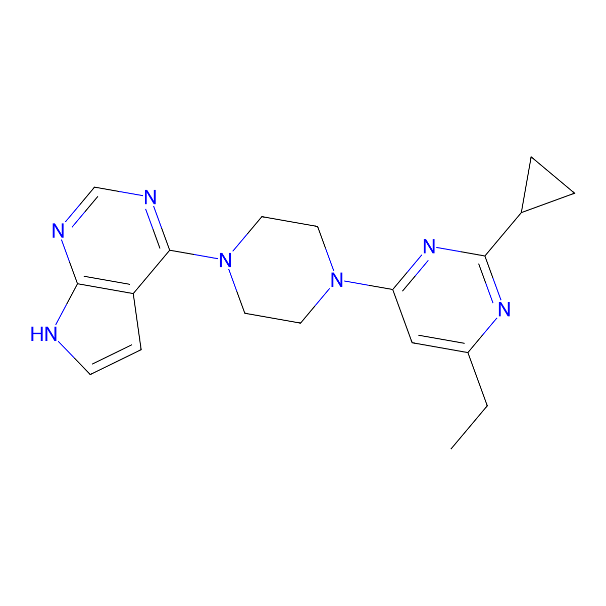 2-cyclopropyl-4-ethyl-6-(4-{7H-pyrrolo[2,3-d]pyrimidin-4-yl}piperazin-1-yl)pyrimidine molecular structure, CAS 2549002-09-5