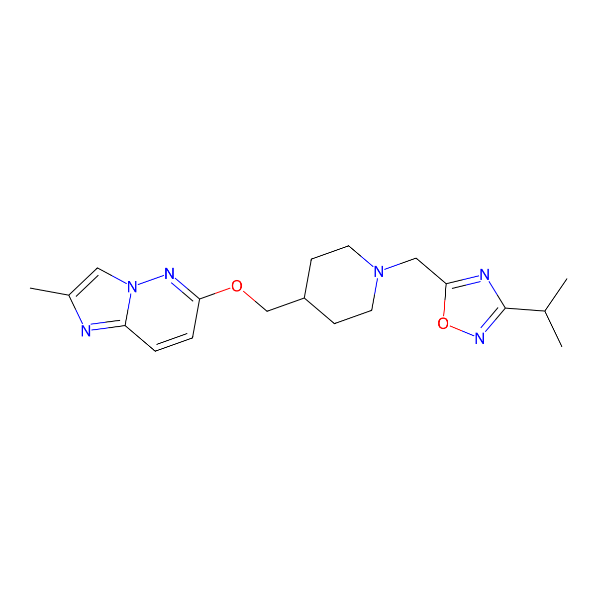 4-[({2-Methylimidazo[1,2-b]pyridazin-6-yl}oxy)methyl]-1-{[3-(propan-2-yl)-1,2,4-oxadiazol-5-yl]methyl}piperidine molecular structure, CAS 2549002-14-2