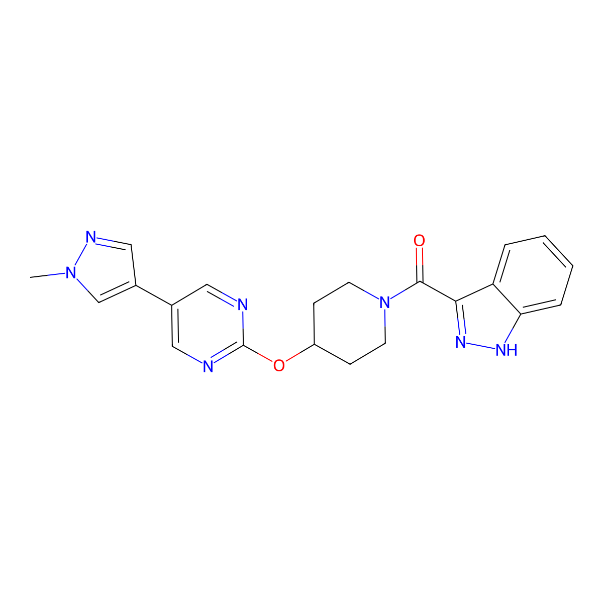 3-(4-{[5-(1-methyl-1H-pyrazol-4-yl)pyrimidin-2-yl]oxy}piperidine-1-carbonyl)-1H-indazole molecular structure, CAS 2549002-20-0