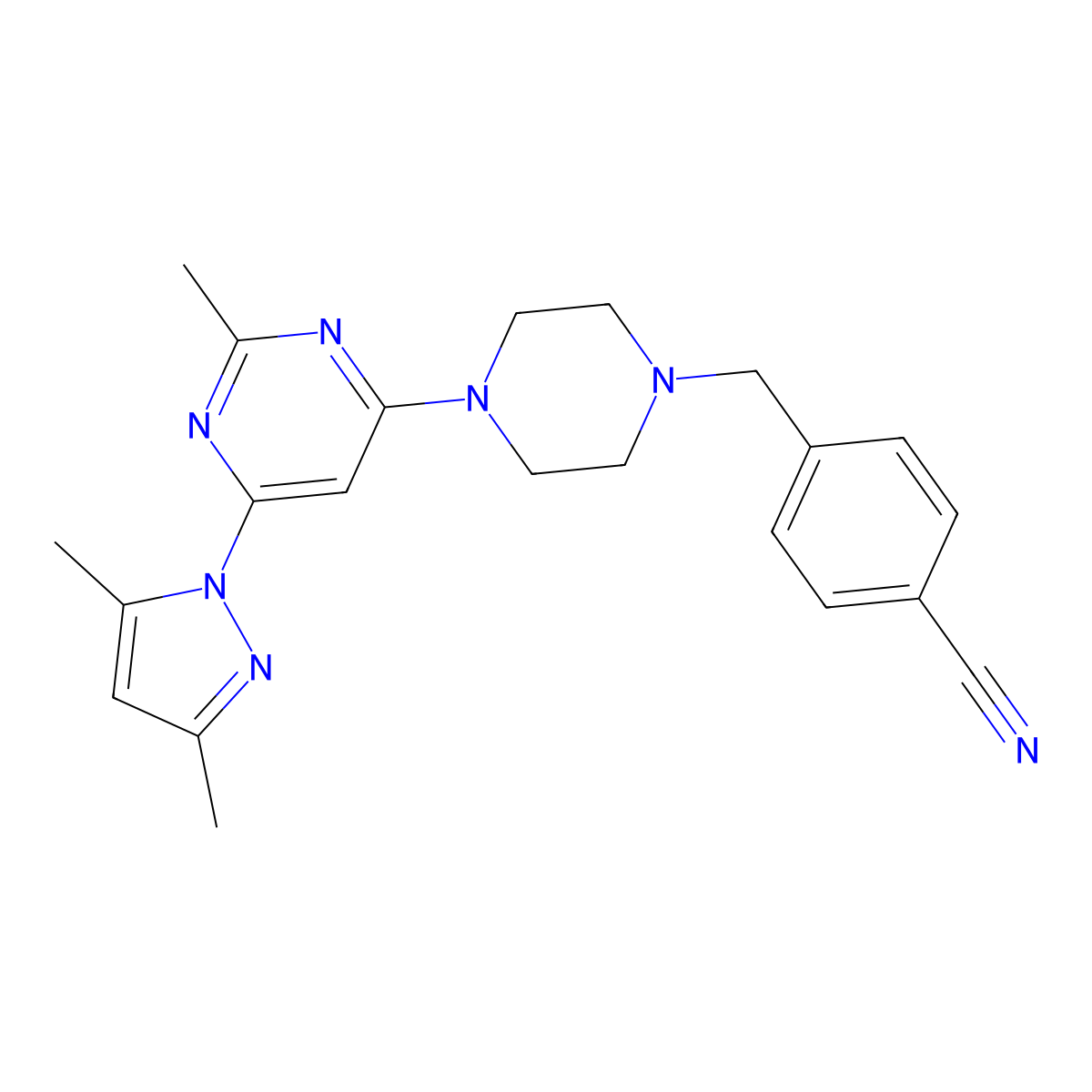 4-({4-[6-(3,5-dimethyl-1H-pyrazol-1-yl)-2-methylpyrimidin-4-yl]piperazin-1-yl}methyl)benzonitrile molecular structure, CAS 2549002-22-2