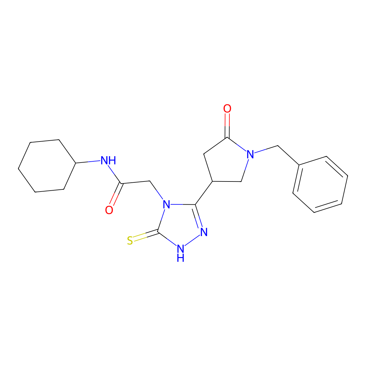 2-[3-(1-benzyl-5-oxopyrrolidin-3-yl)-5-sulfanylidene-4,5-dihydro-1H-1,2,4-triazol-4-yl]-N-cyclohexylacetamide molecular structure, CAS 2549002-36-8