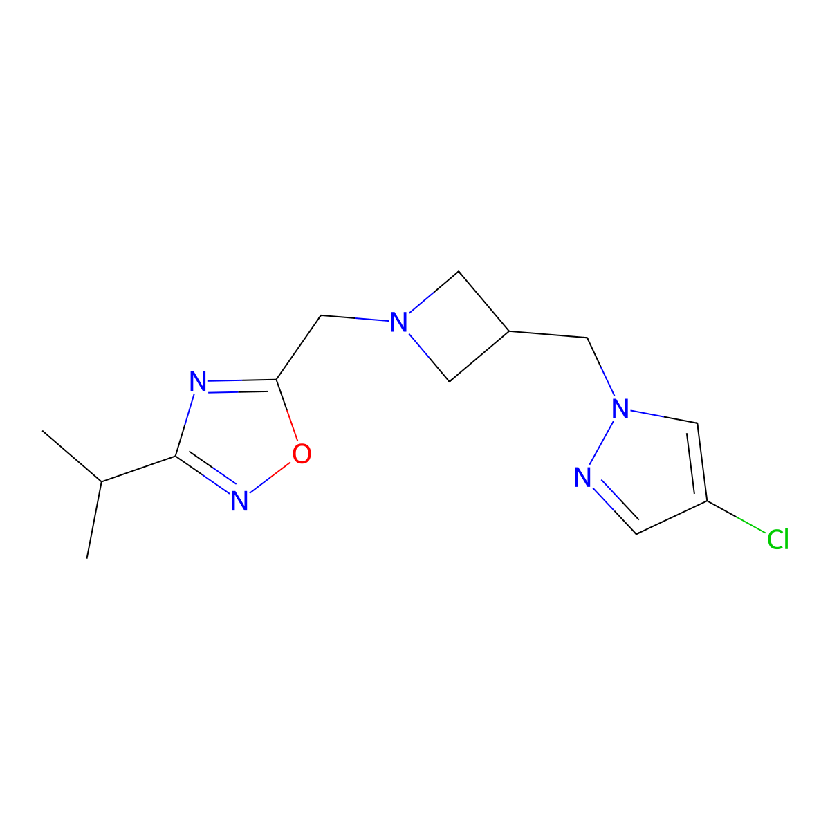 5-({3-[(4-chloro-1H-pyrazol-1-yl)methyl]azetidin-1-yl}methyl)-3-(propan-2-yl)-1,2,4-oxadiazole molecular structure, CAS 2549002-37-9