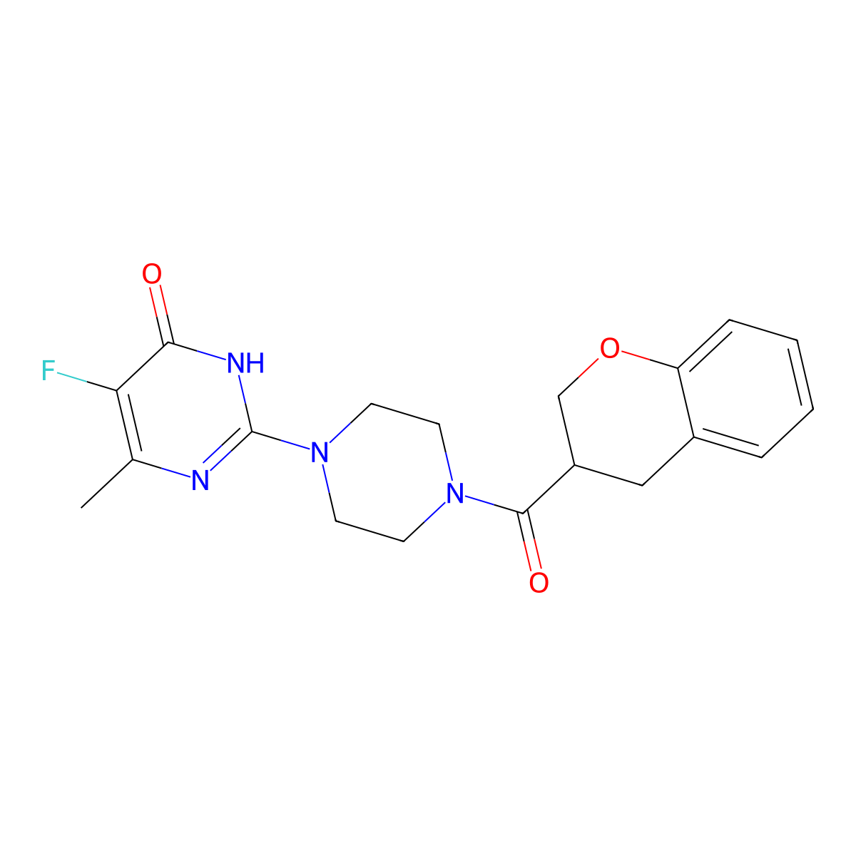2-[4-(3,4-dihydro-2H-1-benzopyran-3-carbonyl)piperazin-1-yl]-5-fluoro-6-methyl-3,4-dihydropyrimidin-4-one molecular structure, CAS 2549002-42-6