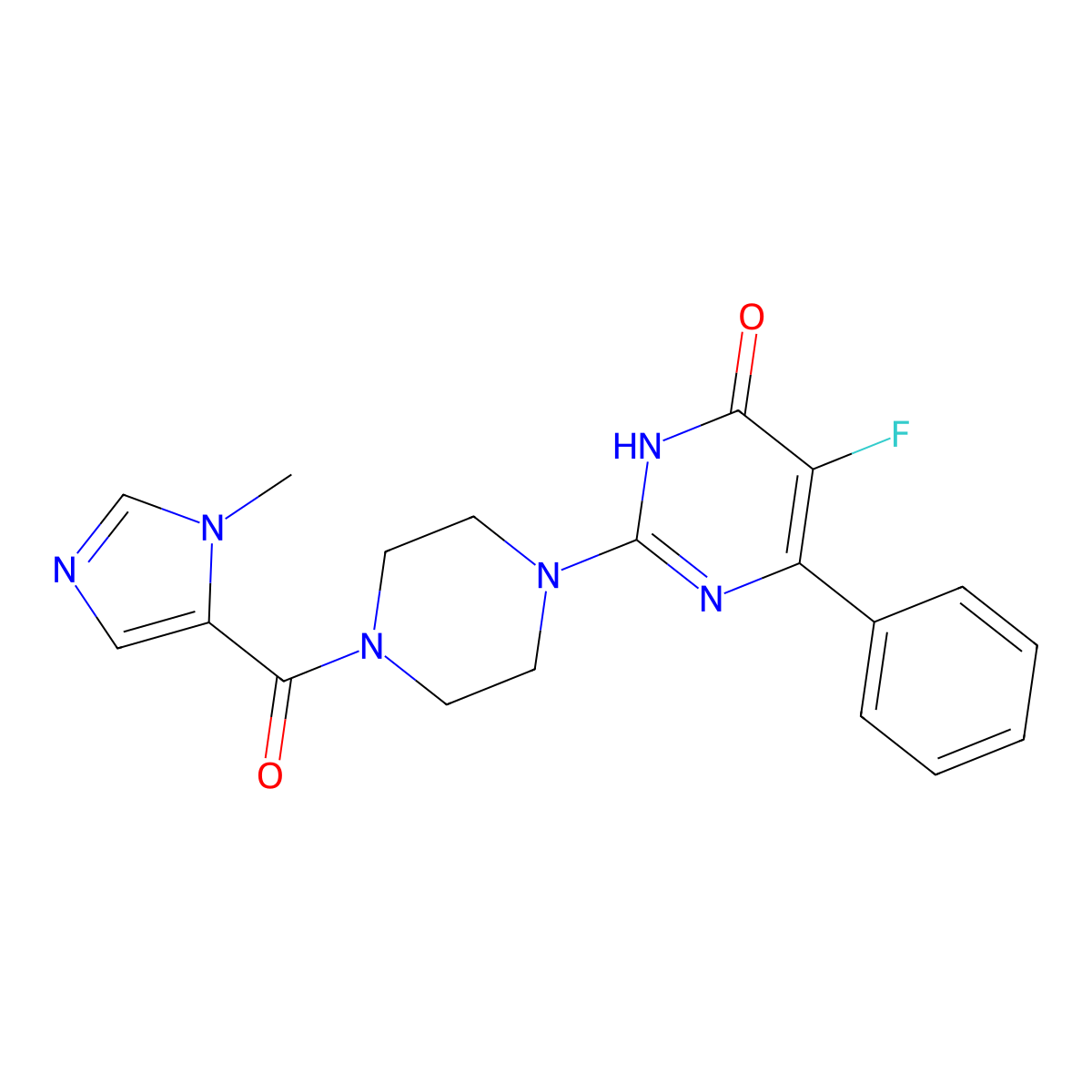 5-fluoro-2-[4-(1-methyl-1H-imidazole-5-carbonyl)piperazin-1-yl]-6-phenyl-3,4-dihydropyrimidin-4-one molecular structure, CAS 2549002-49-3