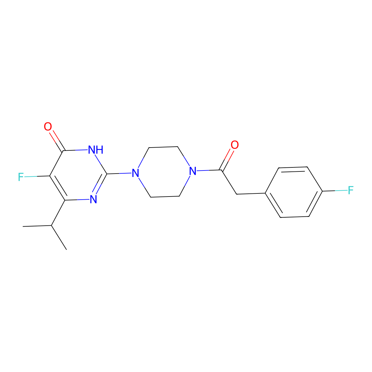 5-Fluoro-2-{4-[2-(4-fluorophenyl)acetyl]piperazin-1-yl}-6-(propan-2-yl)-3,4-dihydropyrimidin-4-one molecular structure, CAS 2549002-51-7