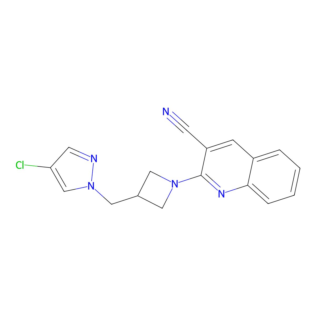2-{3-[(4-chloro-1H-pyrazol-1-yl)methyl]azetidin-1-yl}quinoline-3-carbonitrile molecular structure, CAS 2549002-53-9