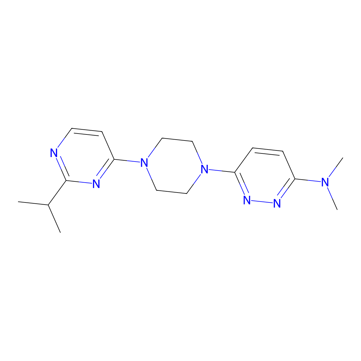 N,N-dimethyl-6-{4-[2-(propan-2-yl)pyrimidin-4-yl]piperazin-1-yl}pyridazin-3-amine molecular structure, CAS 2549002-56-2
