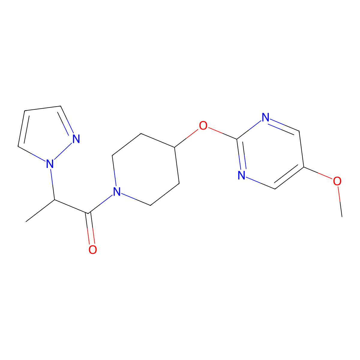 1-{4-[(5-methoxypyrimidin-2-yl)oxy]piperidin-1-yl}-2-(1H-pyrazol-1-yl)propan-1-one molecular structure, CAS 2549002-70-0