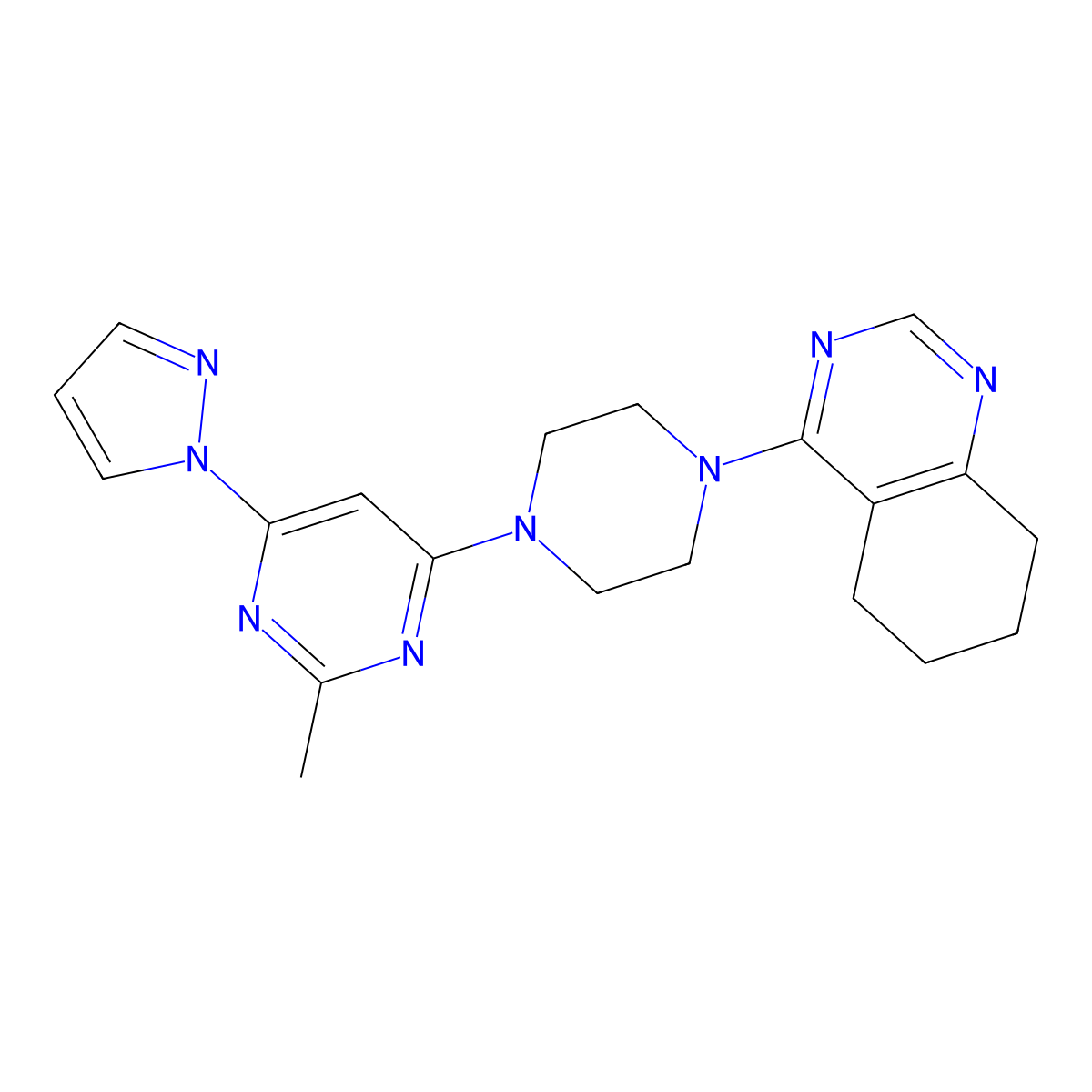 4-{4-[2-methyl-6-(1H-pyrazol-1-yl)pyrimidin-4-yl]piperazin-1-yl}-5,6,7,8-tetrahydroquinazoline molecular structure, CAS 2549002-77-7