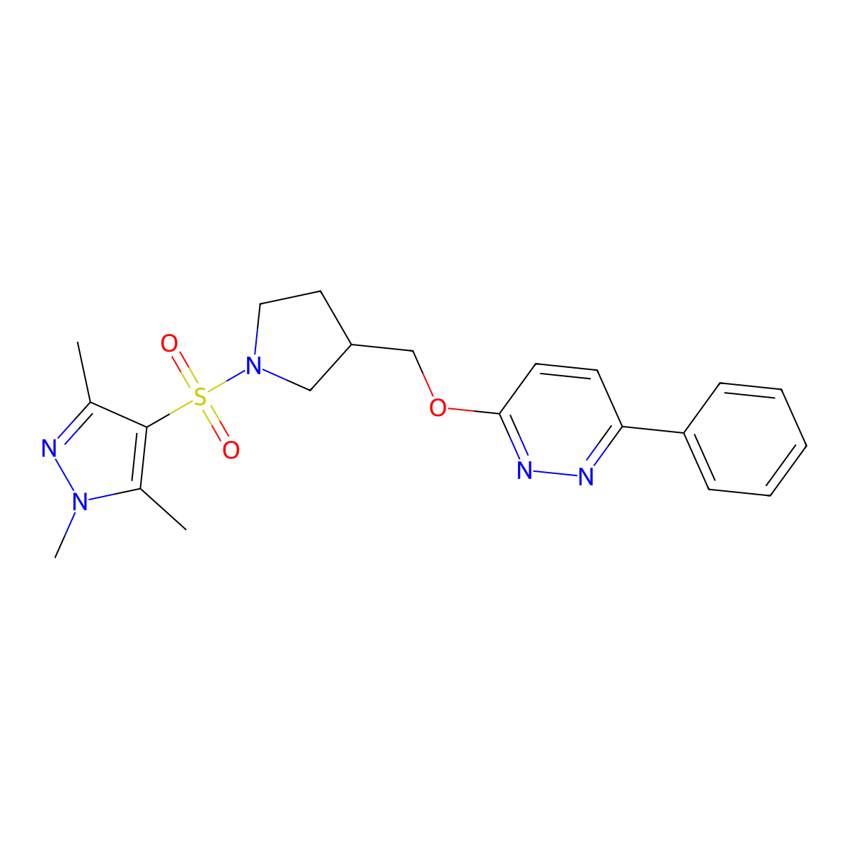 3-phenyl-6-({1-[(1,3,5-trimethyl-1H-pyrazol-4-yl)sulfonyl]pyrrolidin-3-yl}methoxy)pyridazine molecular structure, CAS 2549002-88-0