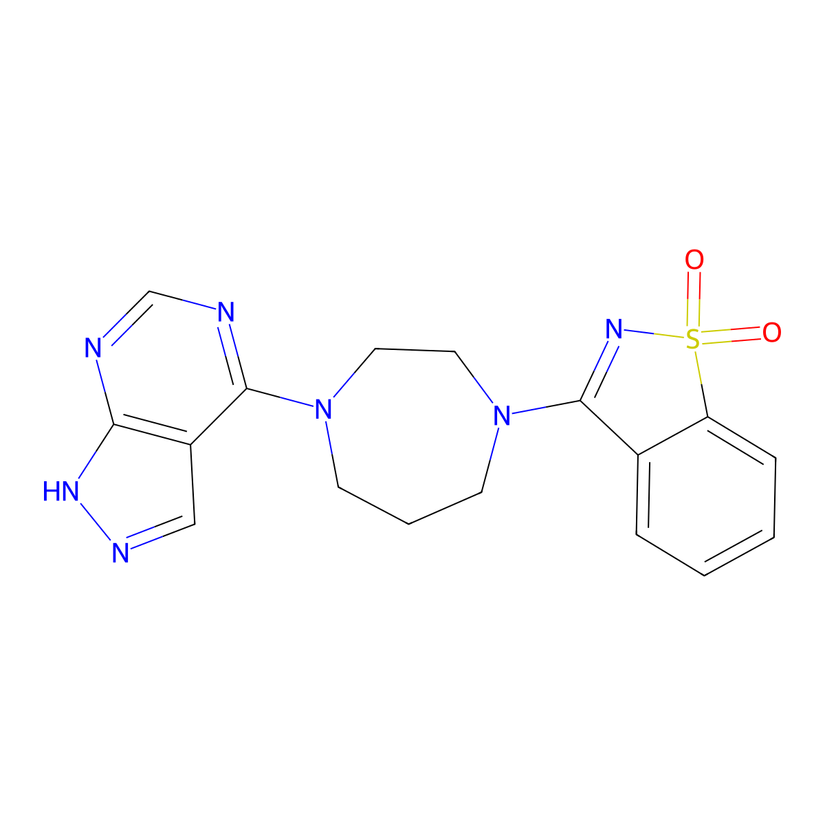 3-[4-(1H-pyrazolo[5,4-d]pyrimidin-4-yl)-1,4-diazepan-1-yl]-1,2-benzothiazole 1,1-dioxide molecular structure, CAS 2549002-90-4