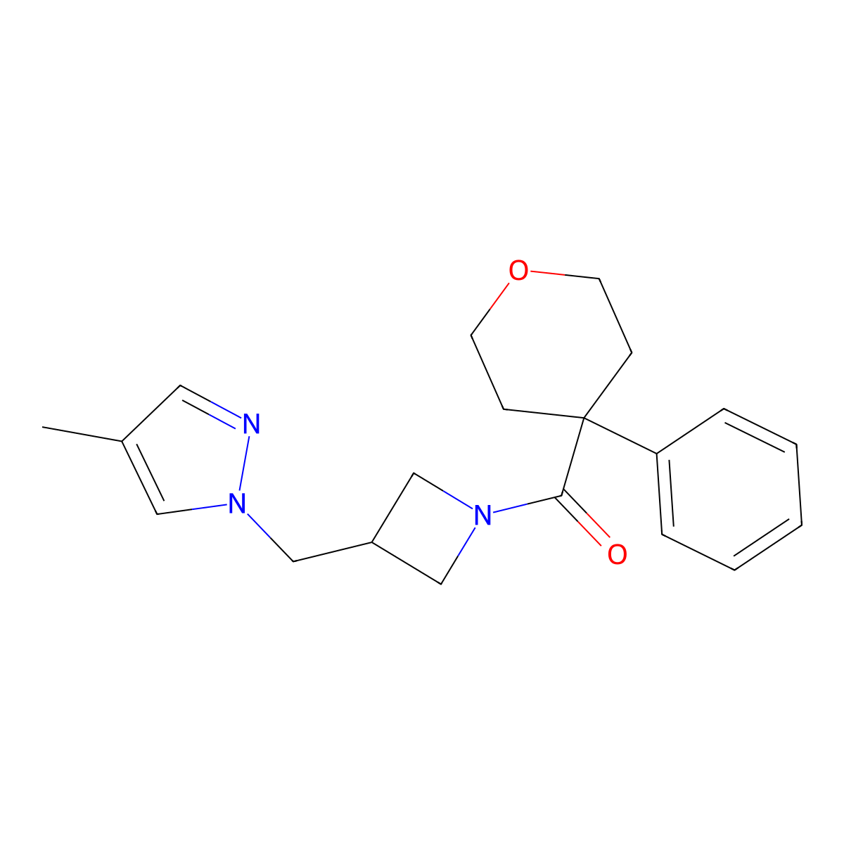 4-methyl-1-{[1-(4-phenyloxane-4-carbonyl)azetidin-3-yl]methyl}-1H-pyrazole molecular structure, CAS 2549002-92-6