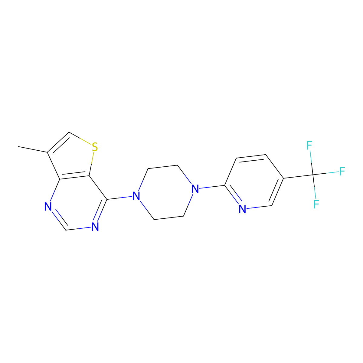 1-{7-Methylthieno[3,2-d]pyrimidin-4-yl}-4-[5-(trifluoromethyl)pyridin-2-yl]piperazine molecular structure, CAS 2549002-96-0