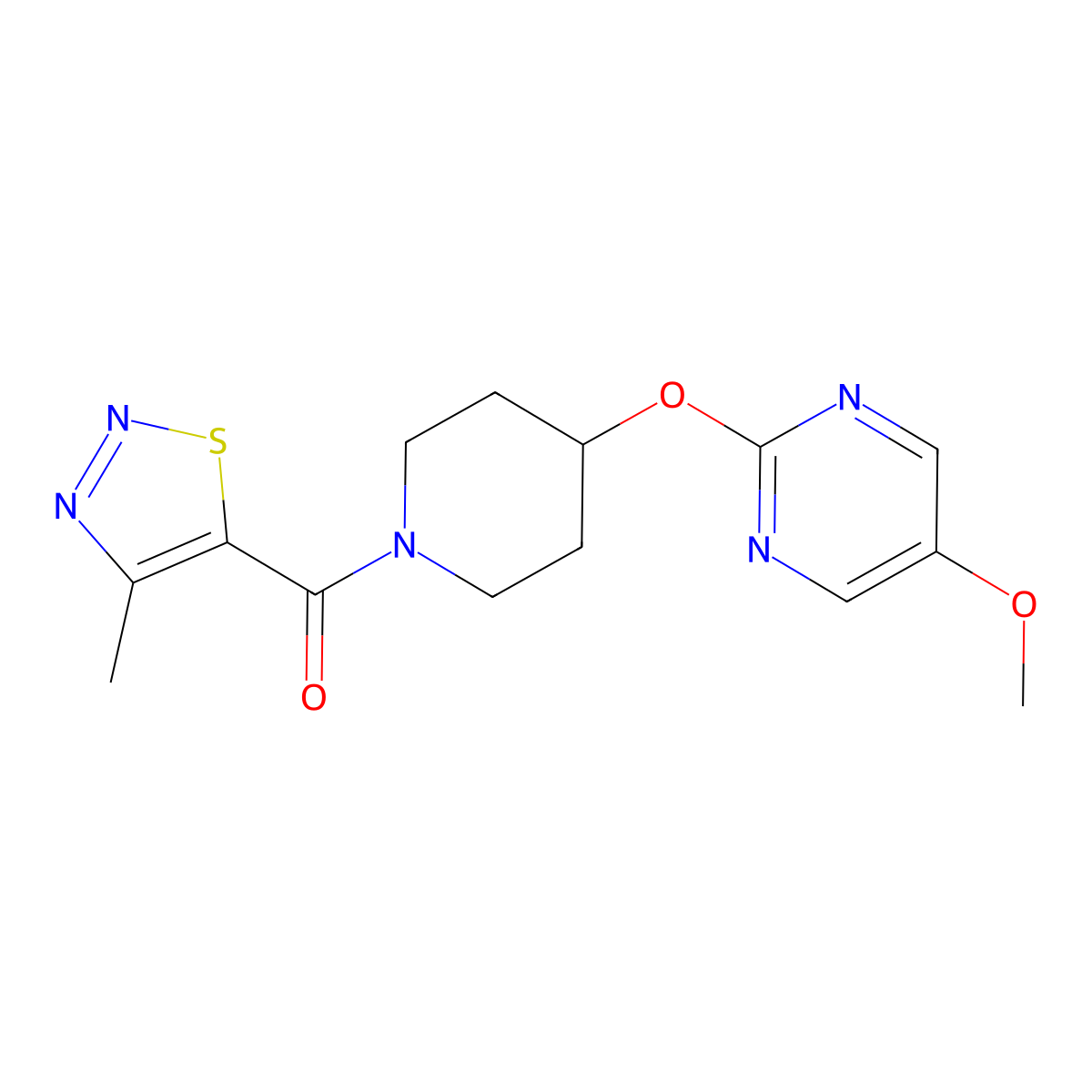 5-Methoxy-2-{[1-(4-methyl-1,2,3-thiadiazole-5-carbonyl)piperidin-4-yl]oxy}pyrimidine molecular structure, CAS 2549002-98-2