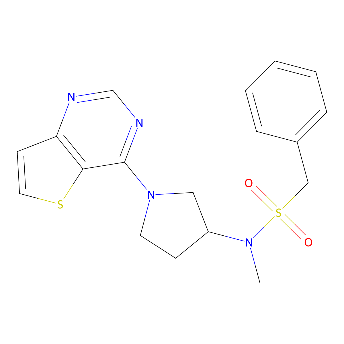 N-methyl-1-phenyl-N-(1-{thieno[3,2-d]pyrimidin-4-yl}pyrrolidin-3-yl)methanesulfonamide molecular structure, CAS 2549003-01-0