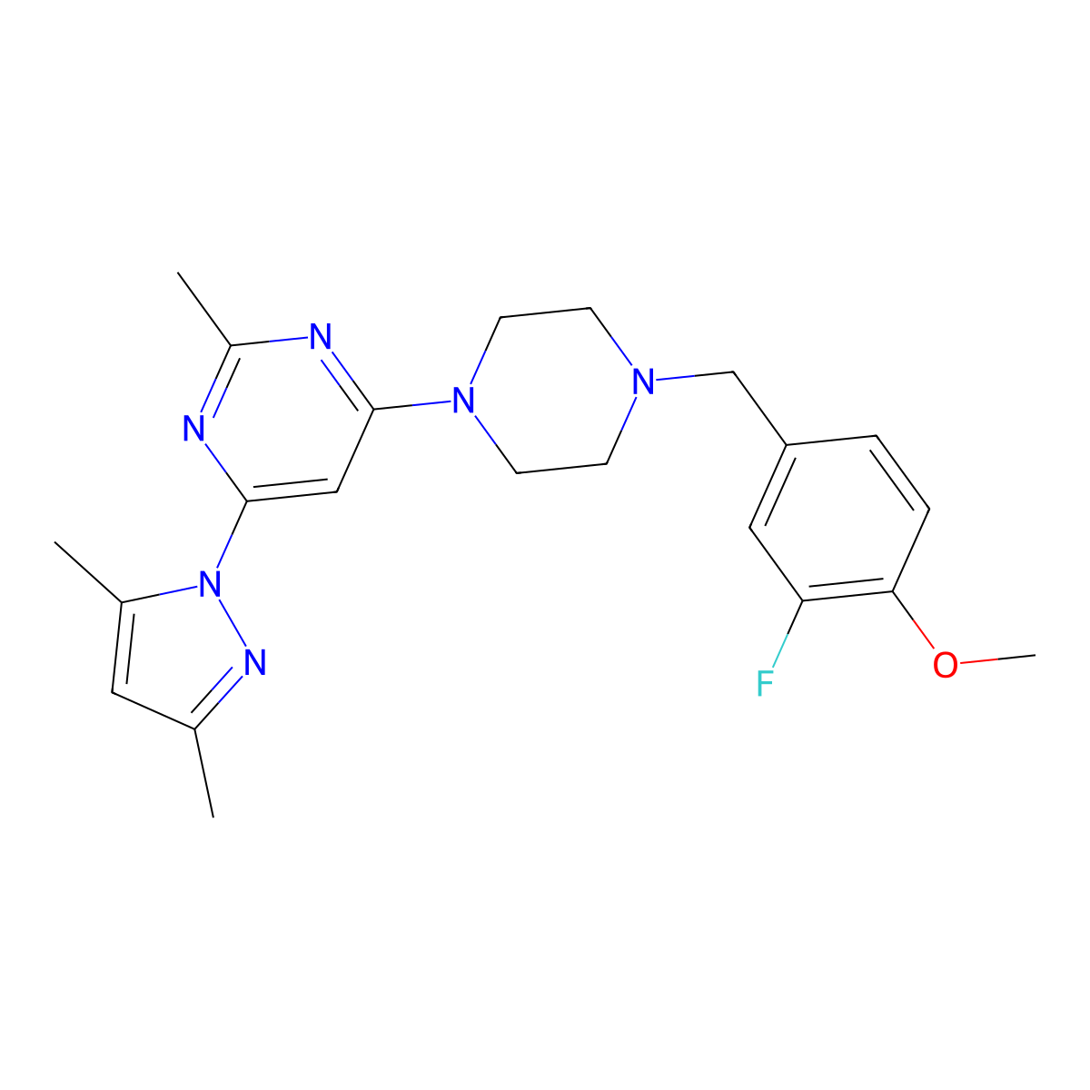4-(3,5-dimethyl-1H-pyrazol-1-yl)-6-{4-[(3-fluoro-4-methoxyphenyl)methyl]piperazin-1-yl}-2-methylpyrimidine molecular structure, CAS 2549003-09-8