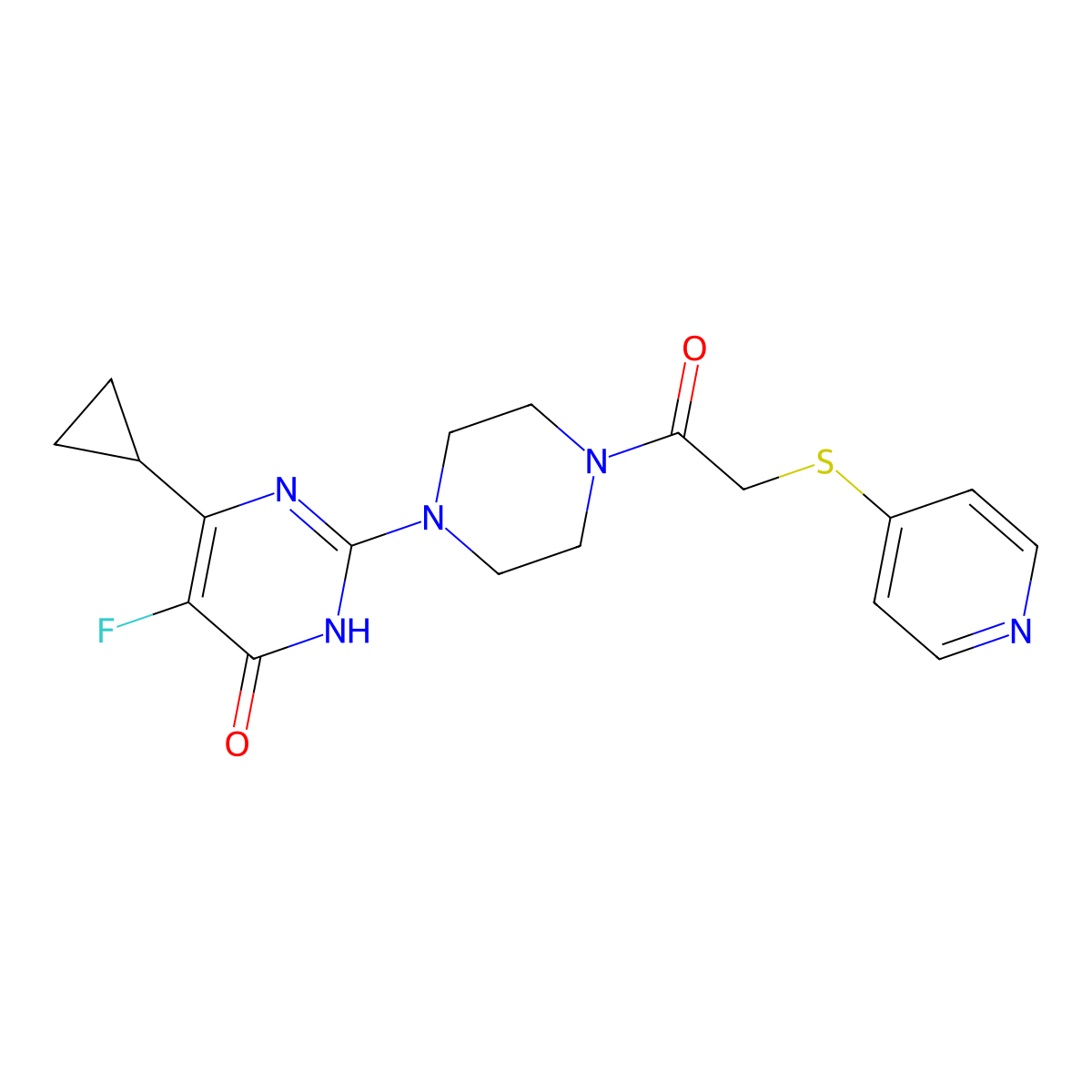 6-Cyclopropyl-5-fluoro-2-{4-[2-(pyridin-4-ylsulfanyl)acetyl]piperazin-1-yl}-3,4-dihydropyrimidin-4-one molecular structure, CAS 2549003-13-4