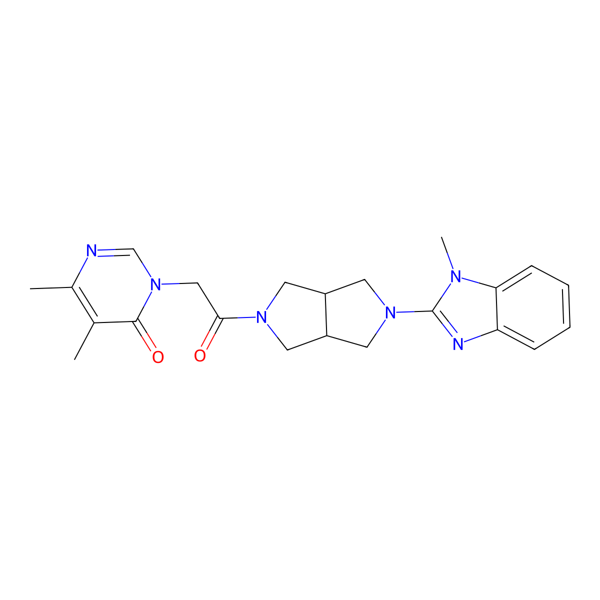 5,6-dimethyl-3-{2-[5-(1-methyl-1H-1,3-benzodiazol-2-yl)-octahydropyrrolo[3,4-c]pyrrol-2-yl]-2-oxoethyl}-3,4-dihydropyrimidin-4-one molecular structure, CAS 2549003-18-9