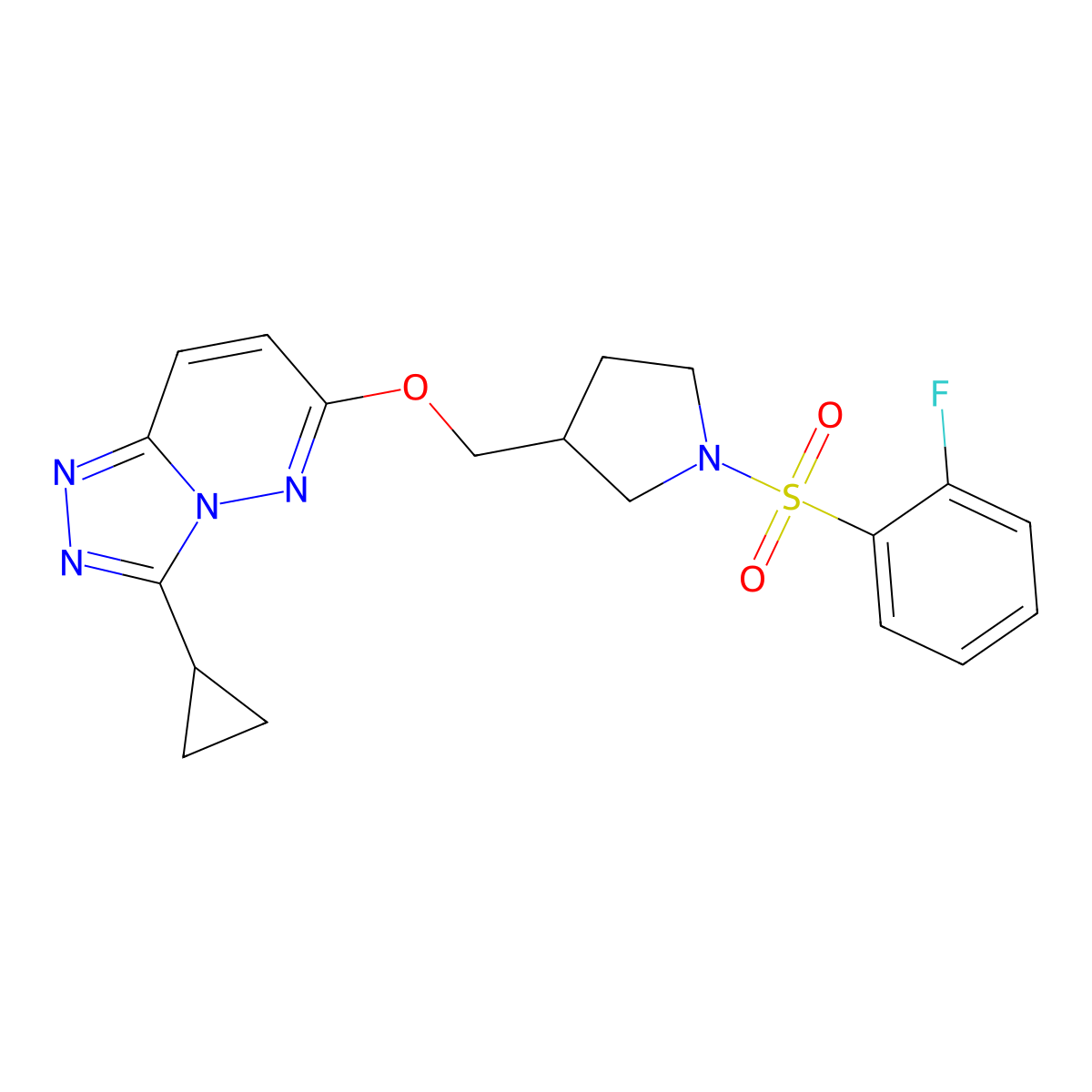 3-[({3-Cyclopropyl-[1,2,4]triazolo[4,3-b]pyridazin-6-yl}oxy)methyl]-1-(2-fluorobenzenesulfonyl)pyrrolidine molecular structure, CAS 2549003-19-0