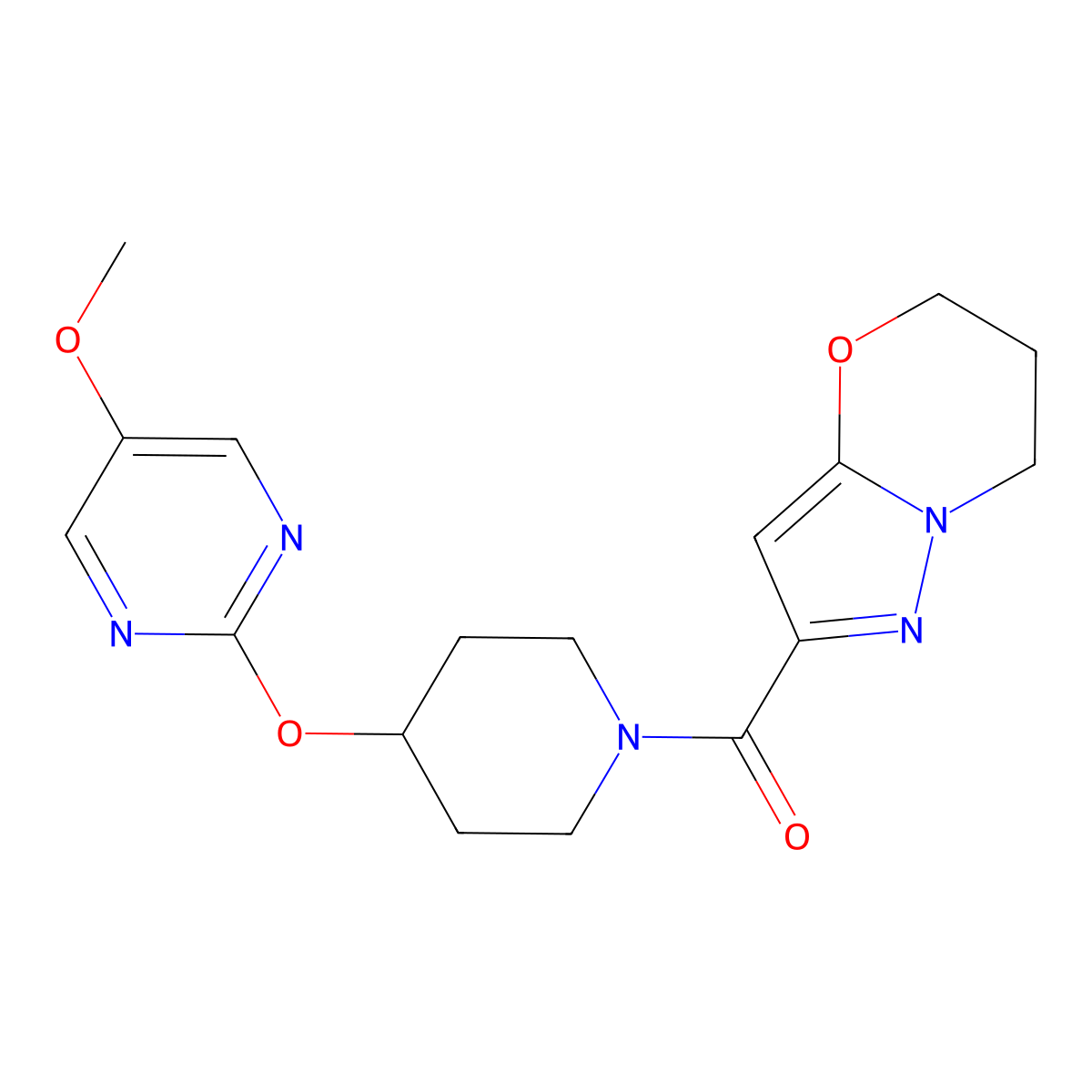 5-methoxy-2-[(1-{5H,6H,7H-pyrazolo[3,2-b][1,3]oxazine-2-carbonyl}piperidin-4-yl)oxy]pyrimidine molecular structure, CAS 2549003-26-9