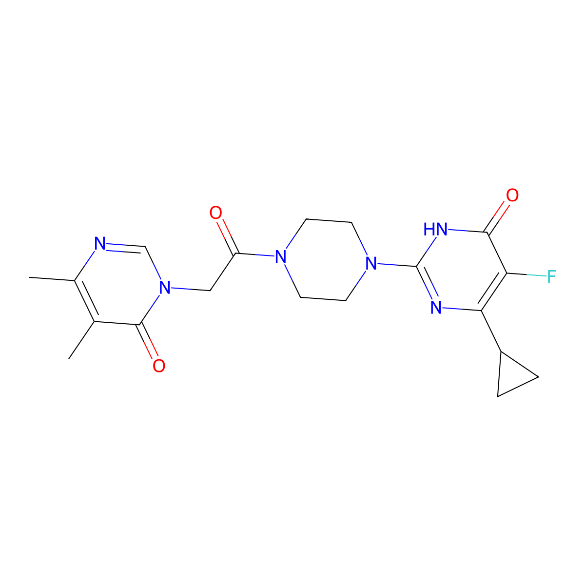 6-Cyclopropyl-2-{4-[2-(4,5-dimethyl-6-oxo-1,6-dihydropyrimidin-1-yl)acetyl]piperazin-1-yl}-5-fluoro-3,4-dihydropyrimidin-4-one molecular structure, CAS 2549003-40-7