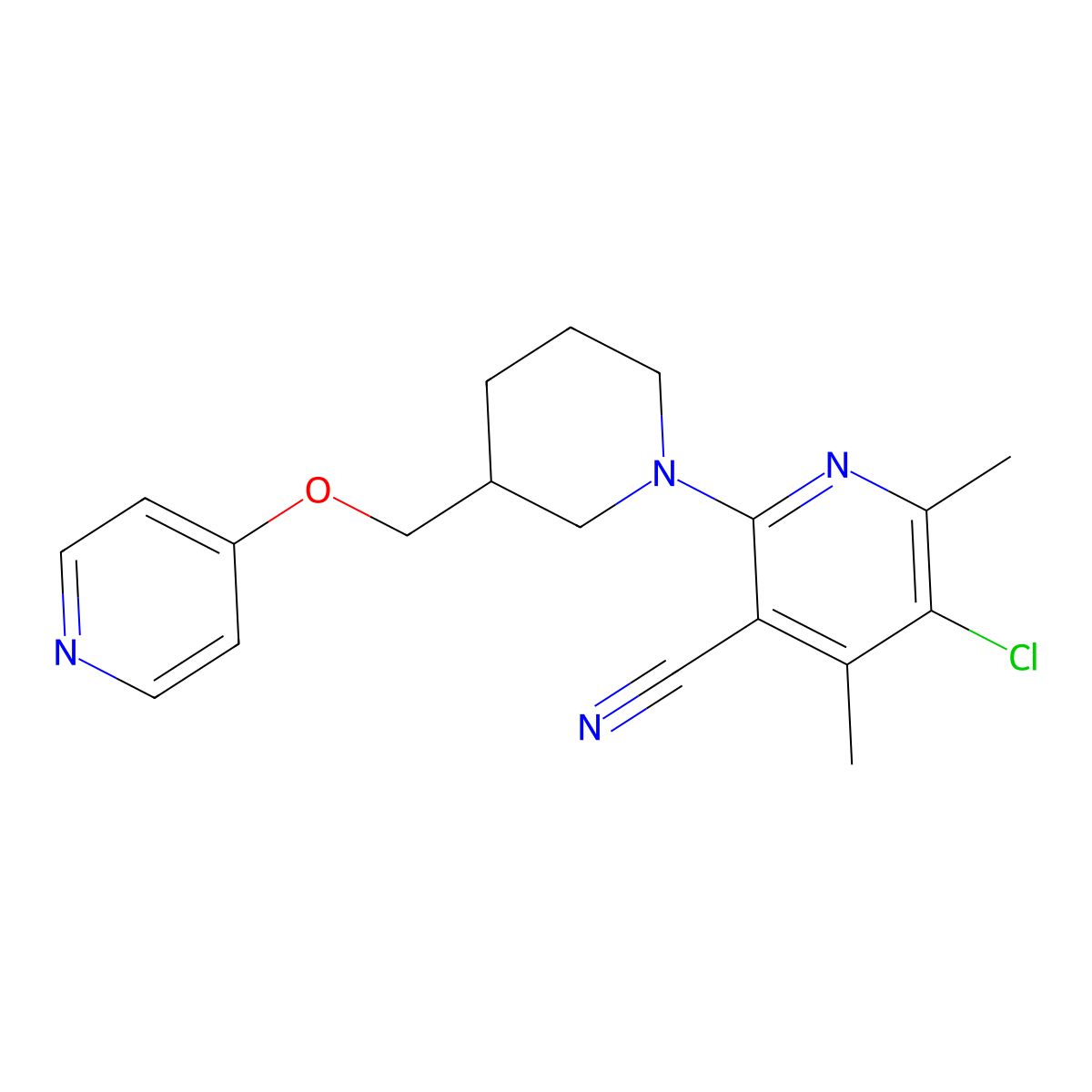 5-Chloro-4,6-dimethyl-2-{3-[(pyridin-4-yloxy)methyl]piperidin-1-yl}pyridine-3-carbonitrile molecular structure, CAS 2549003-49-6