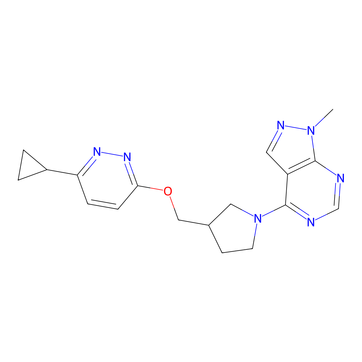 3-cyclopropyl-6-[(1-{1-methyl-1H-pyrazolo[3,4-d]pyrimidin-4-yl}pyrrolidin-3-yl)methoxy]pyridazine molecular structure, CAS 2549003-52-1
