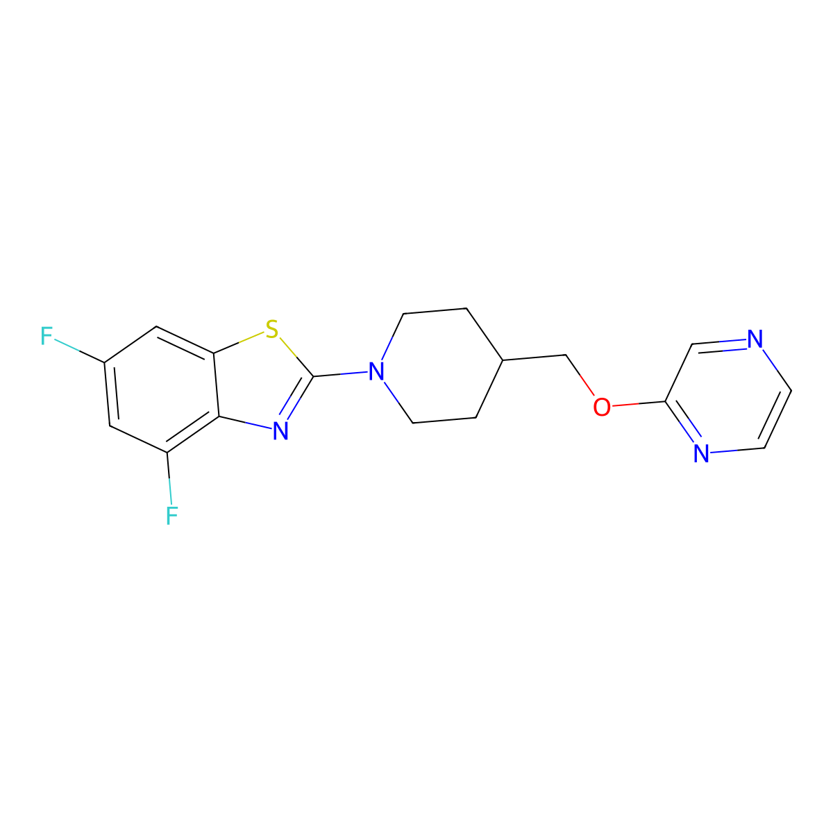 4,6-Difluoro-2-{4-[(pyrazin-2-yloxy)methyl]piperidin-1-yl}-1,3-benzothiazole molecular structure, CAS 2549003-59-8