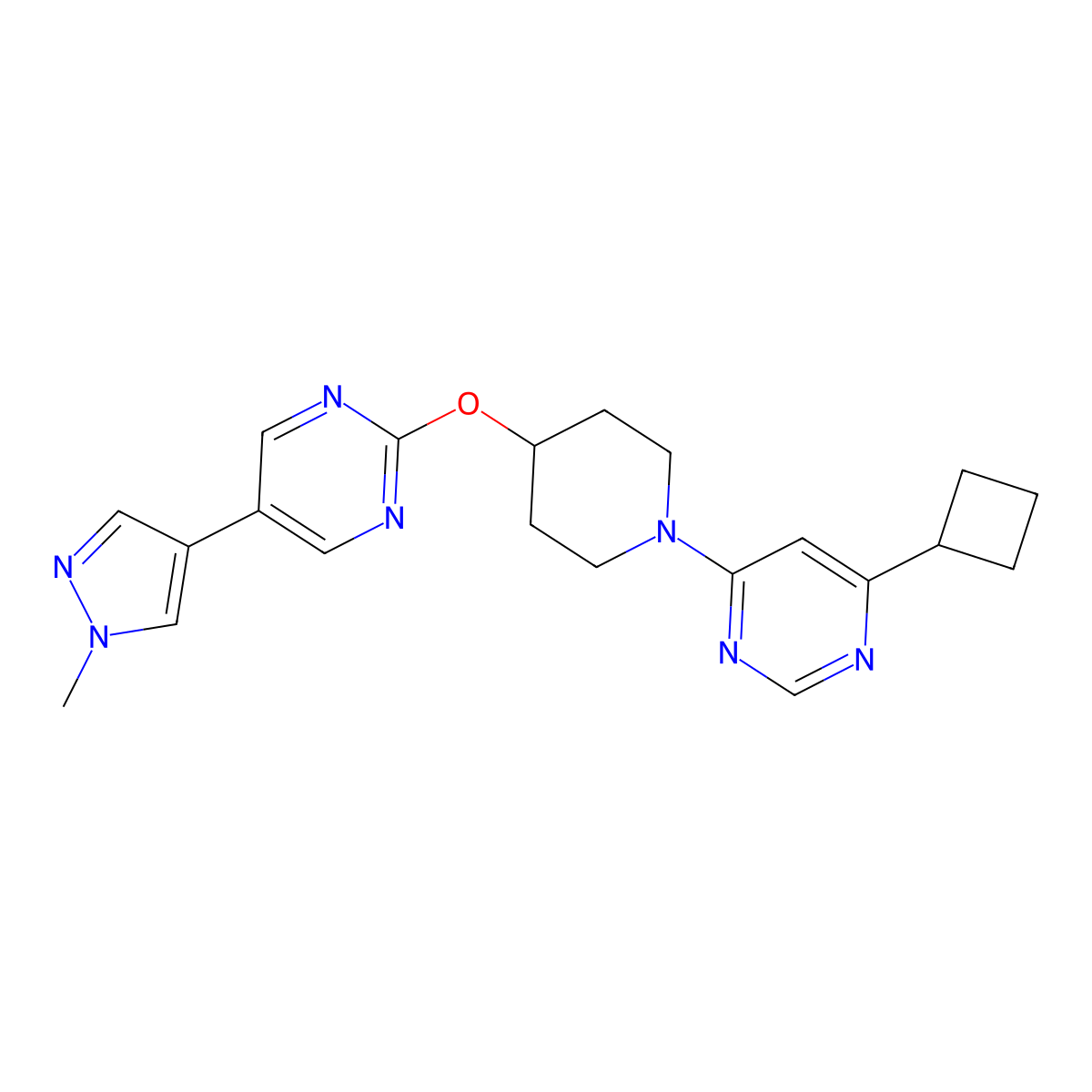 4-cyclobutyl-6-(4-{[5-(1-methyl-1H-pyrazol-4-yl)pyrimidin-2-yl]oxy}piperidin-1-yl)pyrimidine molecular structure, CAS 2549003-69-0