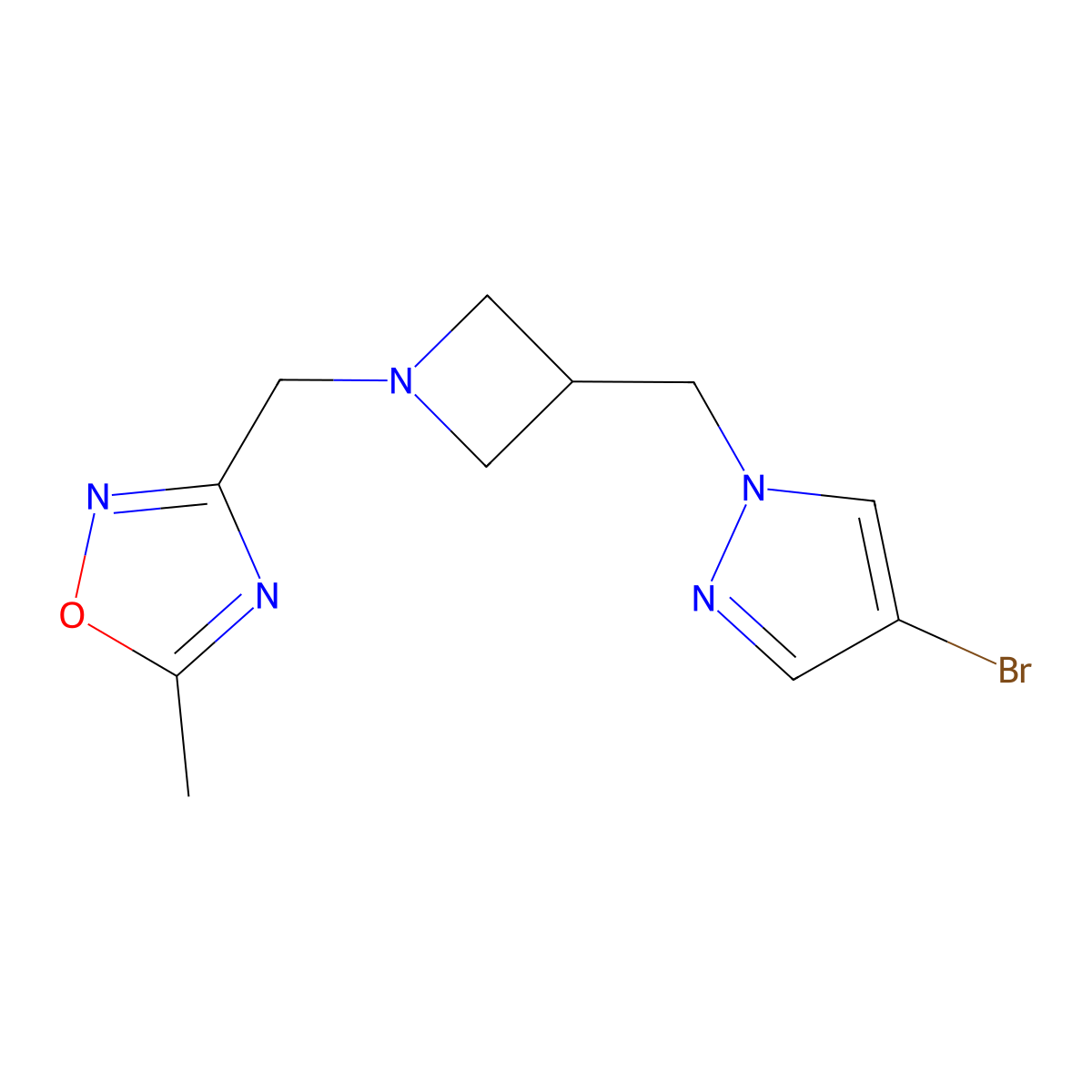 3-({3-[(4-bromo-1H-pyrazol-1-yl)methyl]azetidin-1-yl}methyl)-5-methyl-1,2,4-oxadiazole molecular structure, CAS 2549003-77-0