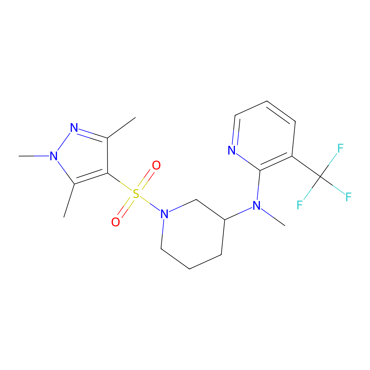 N-methyl-3-(trifluoromethyl)-N-{1-[(1,3,5-trimethyl-1H-pyrazol-4-yl)sulfonyl]piperidin-3-yl}pyridin-2-amine molecular structure, CAS 2549003-79-2