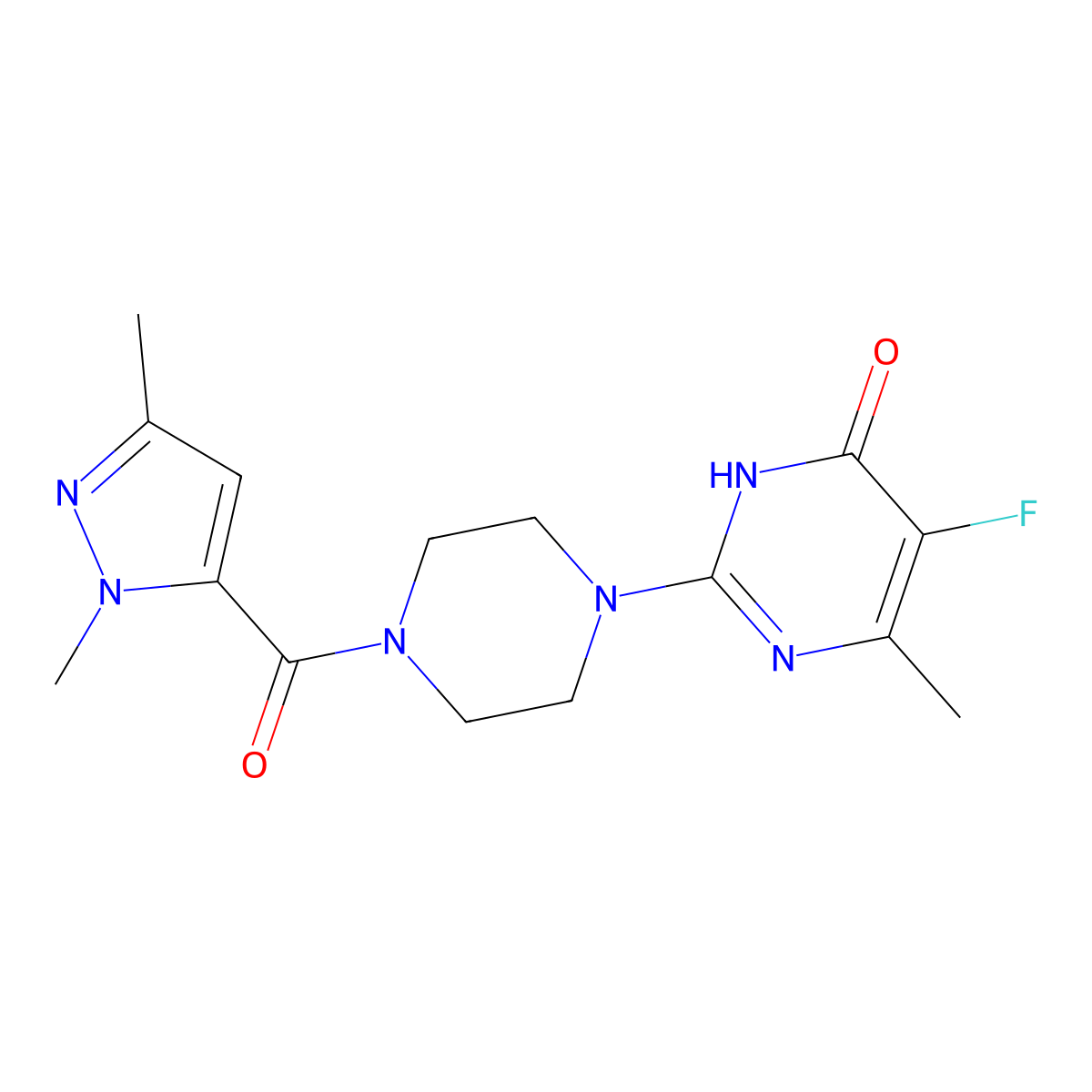 2-[4-(1,3-dimethyl-1H-pyrazole-5-carbonyl)piperazin-1-yl]-5-fluoro-6-methyl-3,4-dihydropyrimidin-4-one molecular structure, CAS 2549003-85-0