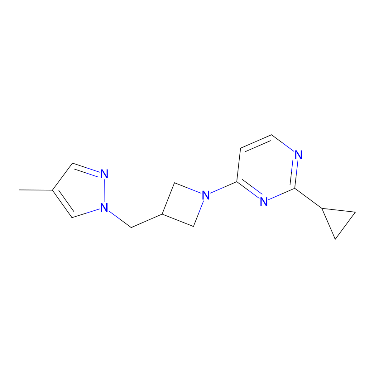 2-cyclopropyl-4-{3-[(4-methyl-1H-pyrazol-1-yl)methyl]azetidin-1-yl}pyrimidine molecular structure, CAS 2549003-87-2