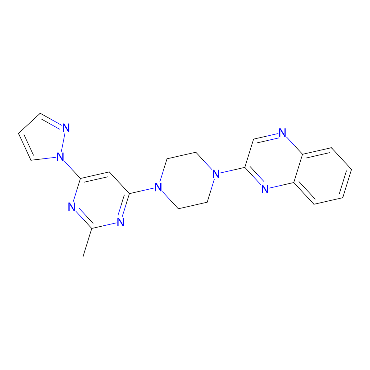 2-{4-[2-methyl-6-(1H-pyrazol-1-yl)pyrimidin-4-yl]piperazin-1-yl}quinoxaline molecular structure, CAS 2549003-95-2