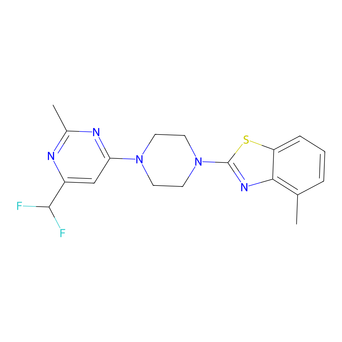 2-{4-[6-(Difluoromethyl)-2-methylpyrimidin-4-yl]piperazin-1-yl}-4-methyl-1,3-benzothiazole molecular structure, CAS 2549003-96-3