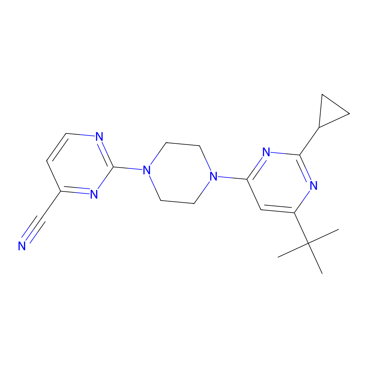 2-[4-(6-Tert-butyl-2-cyclopropylpyrimidin-4-yl)piperazin-1-yl]pyrimidine-4-carbonitrile molecular structure, CAS 2549003-97-4