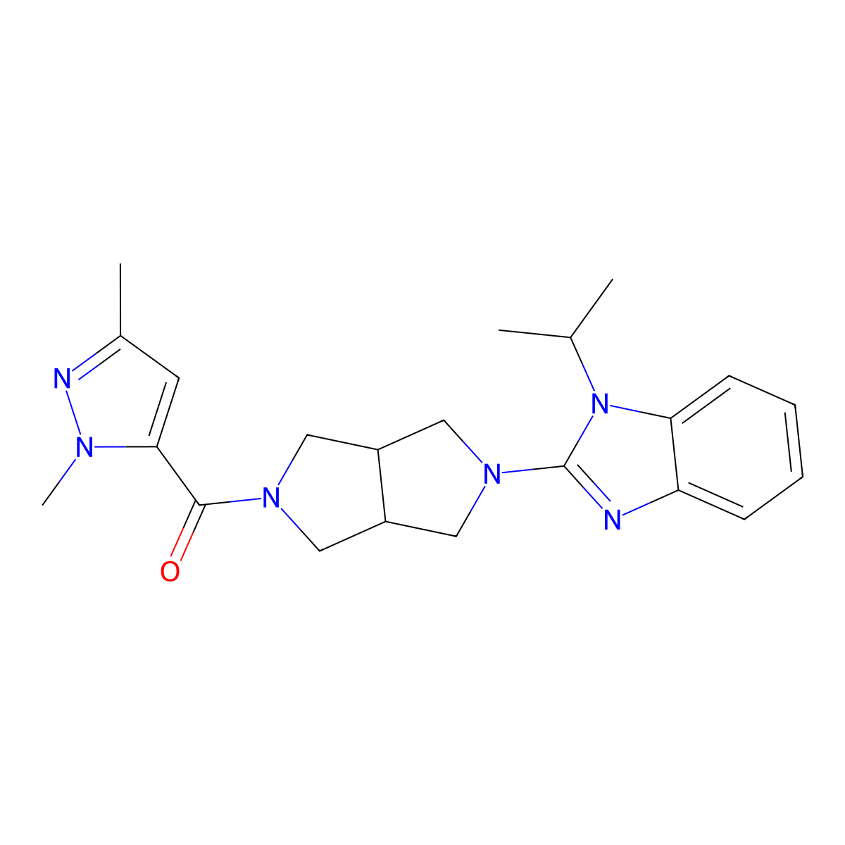 2-[5-(1,3-dimethyl-1H-pyrazole-5-carbonyl)-octahydropyrrolo[3,4-c]pyrrol-2-yl]-1-(propan-2-yl)-1H-1,3-benzodiazole molecular structure, CAS 2549004-08-0