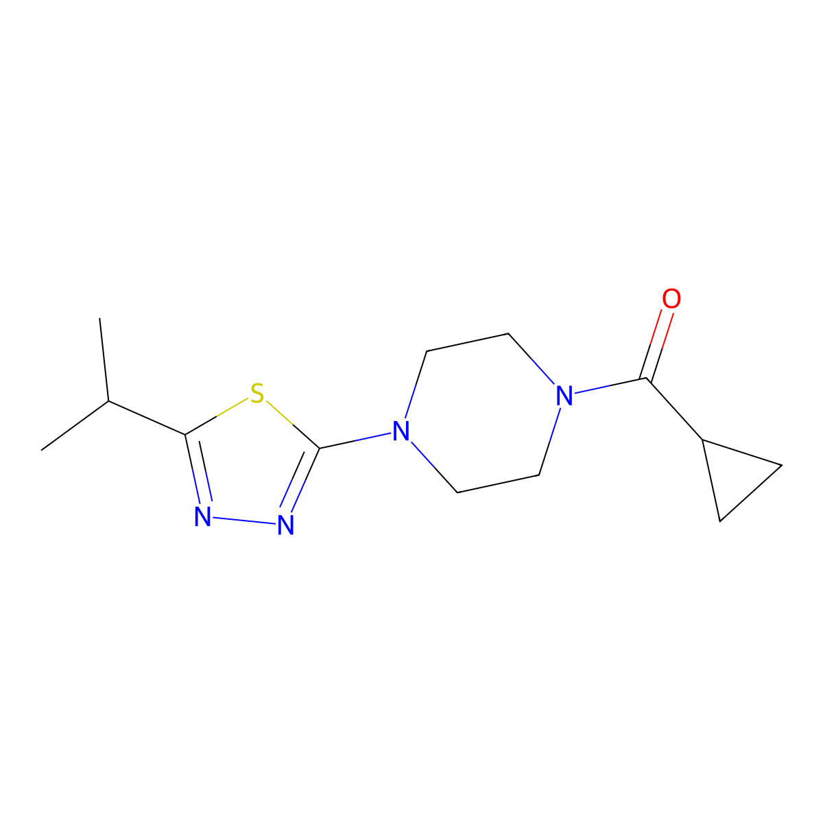 1-Cyclopropanecarbonyl-4-[5-(propan-2-yl)-1,3,4-thiadiazol-2-yl]piperazine molecular structure, CAS 2549004-11-5