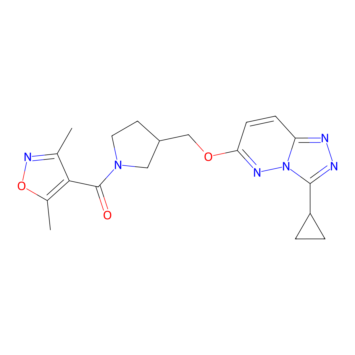4-{3-[({3-Cyclopropyl-[1,2,4]triazolo[4,3-b]pyridazin-6-yl}oxy)methyl]pyrrolidine-1-carbonyl}-3,5-dimethyl-1,2-oxazole molecular structure, CAS 2549004-21-7