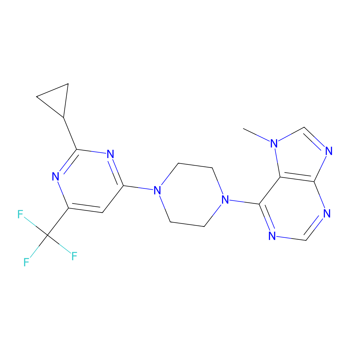 6-{4-[2-cyclopropyl-6-(trifluoromethyl)pyrimidin-4-yl]piperazin-1-yl}-7-methyl-7H-purine molecular structure, CAS 2549004-46-6