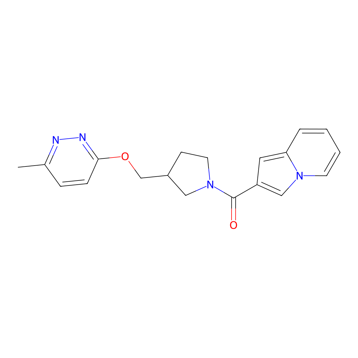2-(3-{[(6-Methylpyridazin-3-yl)oxy]methyl}pyrrolidine-1-carbonyl)indolizine molecular structure, CAS 2549004-72-8