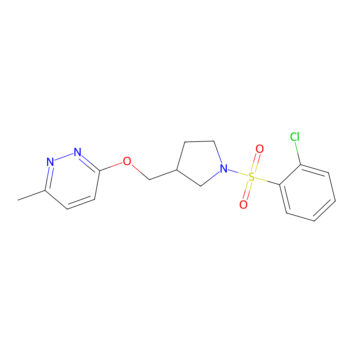3-{[1-(2-Chlorobenzenesulfonyl)pyrrolidin-3-yl]methoxy}-6-methylpyridazine molecular structure, CAS 2549004-75-1