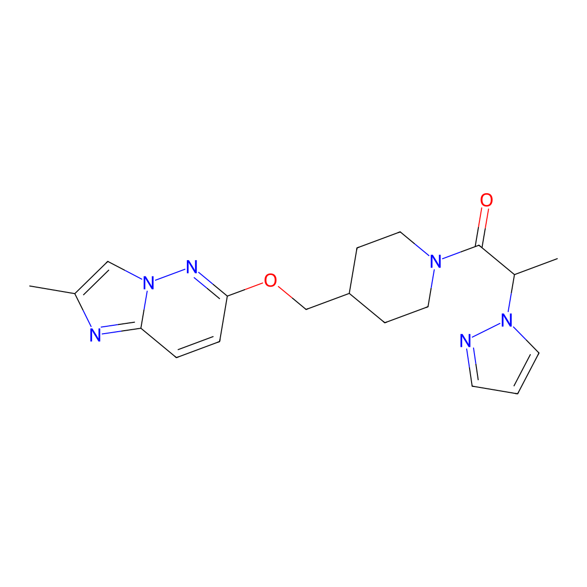 1-{4-[({2-methylimidazo[1,2-b]pyridazin-6-yl}oxy)methyl]piperidin-1-yl}-2-(1H-pyrazol-1-yl)propan-1-one molecular structure, CAS 2549004-80-8