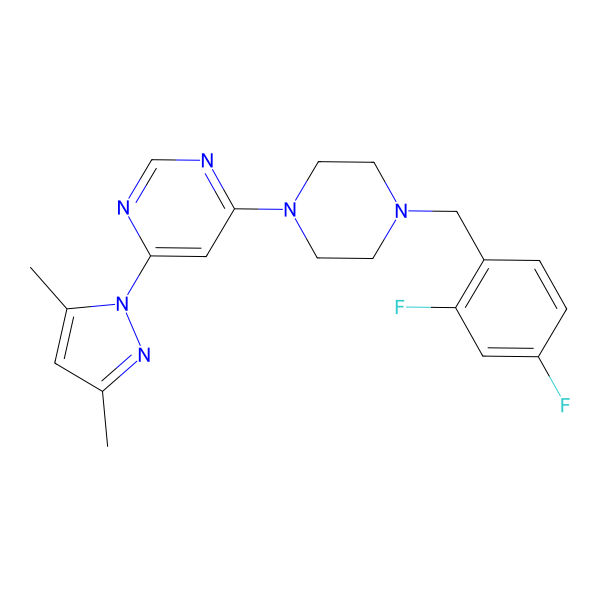 4-{4-[(2,4-difluorophenyl)methyl]piperazin-1-yl}-6-(3,5-dimethyl-1H-pyrazol-1-yl)pyrimidine molecular structure, CAS 2549004-88-6