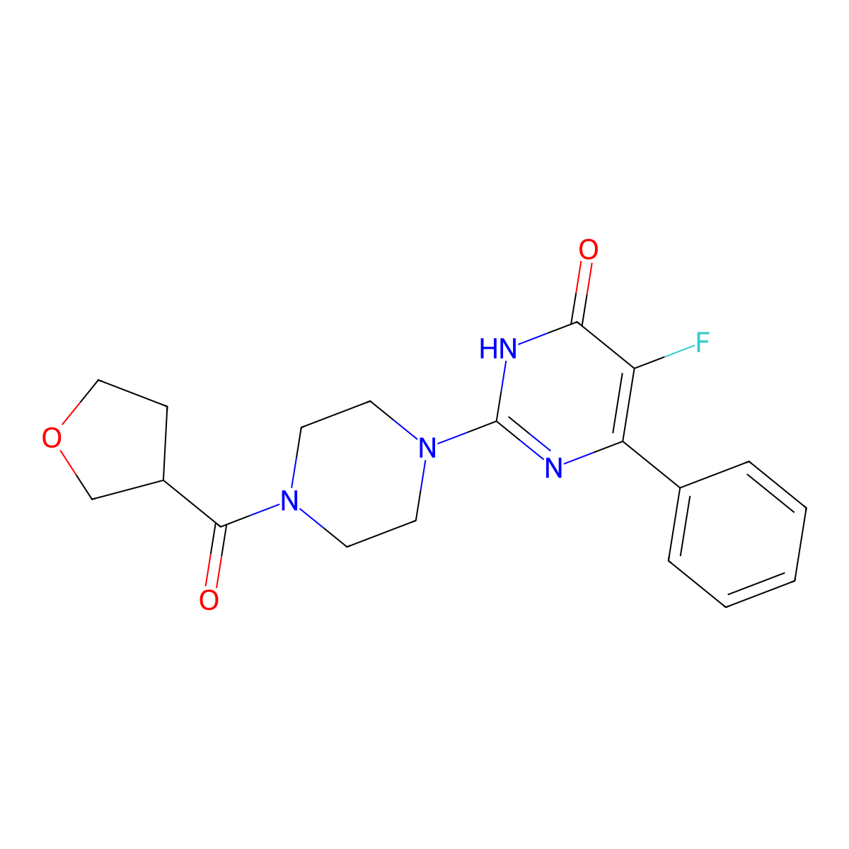 5-Fluoro-2-[4-(oxolane-3-carbonyl)piperazin-1-yl]-6-phenyl-3,4-dihydropyrimidin-4-one molecular structure, CAS 2549005-02-7