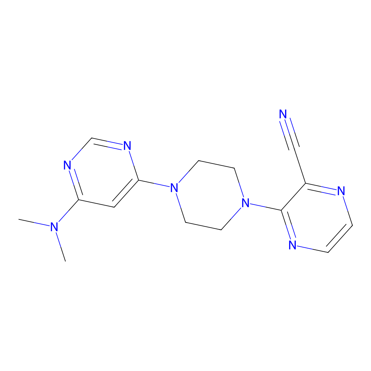 3-{4-[6-(Dimethylamino)pyrimidin-4-yl]piperazin-1-yl}pyrazine-2-carbonitrile molecular structure, CAS 2549005-07-2