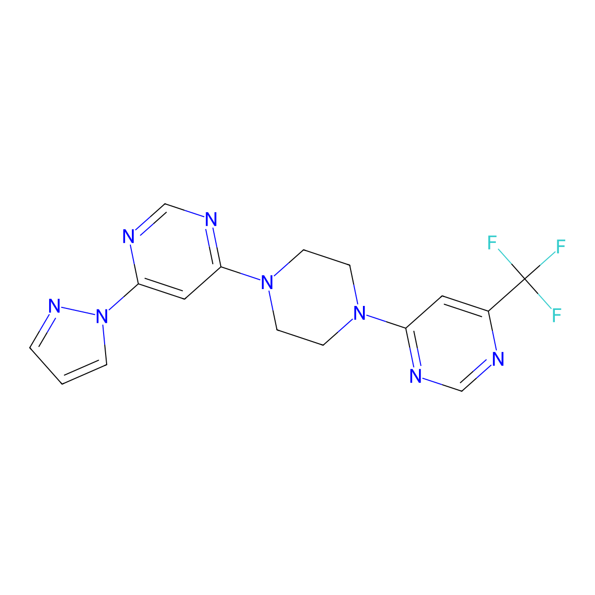 4-(1H-pyrazol-1-yl)-6-{4-[6-(trifluoromethyl)pyrimidin-4-yl]piperazin-1-yl}pyrimidine molecular structure, CAS 2549005-08-3