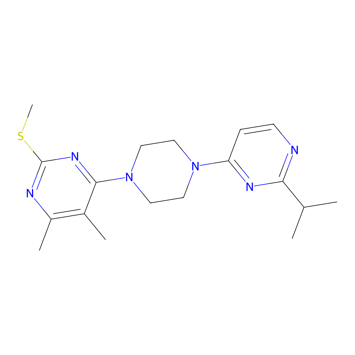 4,5-Dimethyl-2-(methylsulfanyl)-6-{4-[2-(propan-2-yl)pyrimidin-4-yl]piperazin-1-yl}pyrimidine molecular structure, CAS 2549005-09-4
