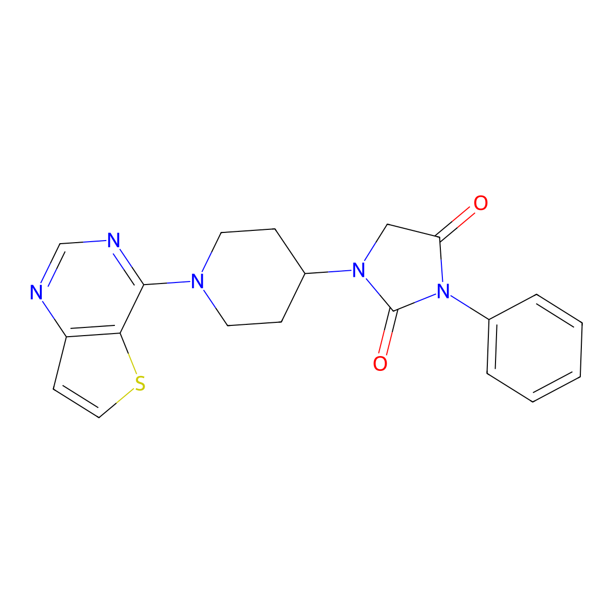 3-Phenyl-1-(1-{thieno[3,2-d]pyrimidin-4-yl}piperidin-4-yl)imidazolidine-2,4-dione molecular structure, CAS 2549005-12-9